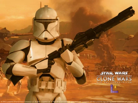 Clone trooper from Star Wars: The Clone Wars (2008) standing with a blaster rifle, with a background of an intense battlefield scene. This HD desktop wallpaper encapsulates the essence of the Star Wars universe.