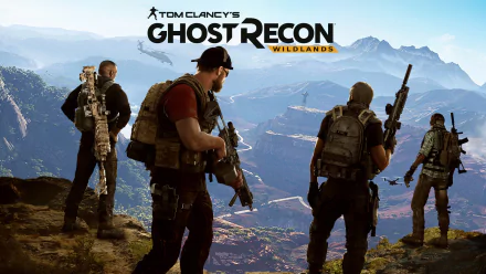 An HD wallpaper featuring characters from Tom Clancy's Ghost Recon Wildlands, set against a stunning mountainous landscape. The team prepares for their next mission.