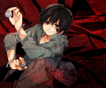 A dynamic HD wallpaper featuring Kōsuke Kira from the anime Btooom!, showcasing his intense expression and striking action pose against a dramatic red background.
