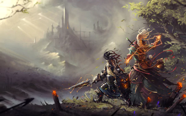 HD desktop wallpaper featuring two characters from the video game Divinity: Original Sin II, set against a dramatic, misty fantasy landscape with a distant castle.