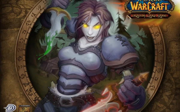 HD PC desktop wallpaper of a Warcraft video game: undead female warrior with glowing yellow eyes in dark armor, wielding a sword before a forest backdrop and the game emblem.