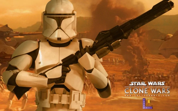 Clone trooper from Star Wars: The Clone Wars (2008) standing with a blaster rifle, with a background of an intense battlefield scene. This HD desktop wallpaper encapsulates the essence of the Star Wars universe.