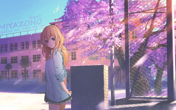 HD desktop wallpaper featuring Kaori Miyazono from the anime Your Lie in April, standing in front of a pink-blossomed tree and a school, with a warm sunset illuminating the scene.