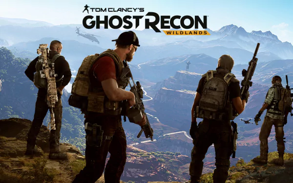 An HD wallpaper featuring characters from Tom Clancy's Ghost Recon Wildlands, set against a stunning mountainous landscape. The team prepares for their next mission.