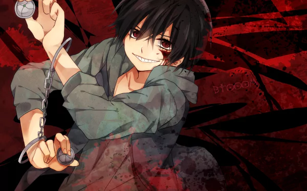 A dynamic HD wallpaper featuring Kōsuke Kira from the anime Btooom!, showcasing his intense expression and striking action pose against a dramatic red background.