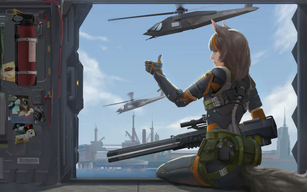 HD PC desktop wallpaper featuring a sci-fi woman warrior with cat ears, armed and giving a thumbs-up as helicopters fly over a futuristic cityscape.