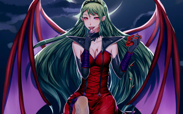 A captivating fantasy-themed HD wallpaper featuring a succubus with long green hair, wearing a striking red outfit and dark wings, set against a moody night background.