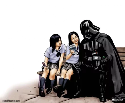 Darth Vader sits on a bench with two schoolgirls, each holding a mobile device, in this HD desktop wallpaper, blending elements of video games and character art.