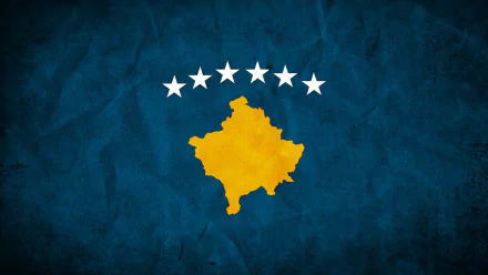 HD PC desktop wallpaper: textured blue Kosovo flag background with a gold silhouette of Kosovo centered and six white stars arched above.