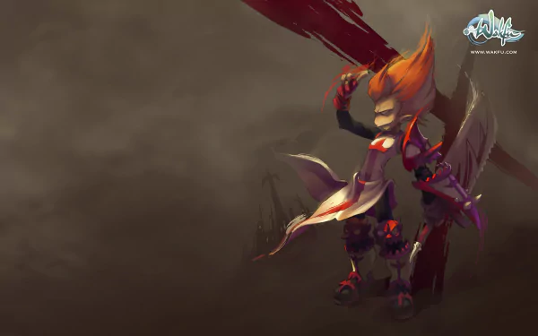 HD desktop wallpaper featuring Tristepin from the anime Wakfu, standing with a large sword against a dark, smoky background.