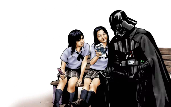 Darth Vader sits on a bench with two schoolgirls, each holding a mobile device, in this HD desktop wallpaper, blending elements of video games and character art.