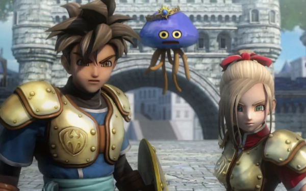 HD desktop wallpaper featuring characters from Dragon Quest Heroes, with a knight and a companion against a castle backdrop.