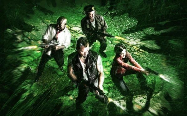 A dynamic HD desktop wallpaper featuring characters from the video game Left 4 Dead, poised with weapons amidst a dark, eerie environment.