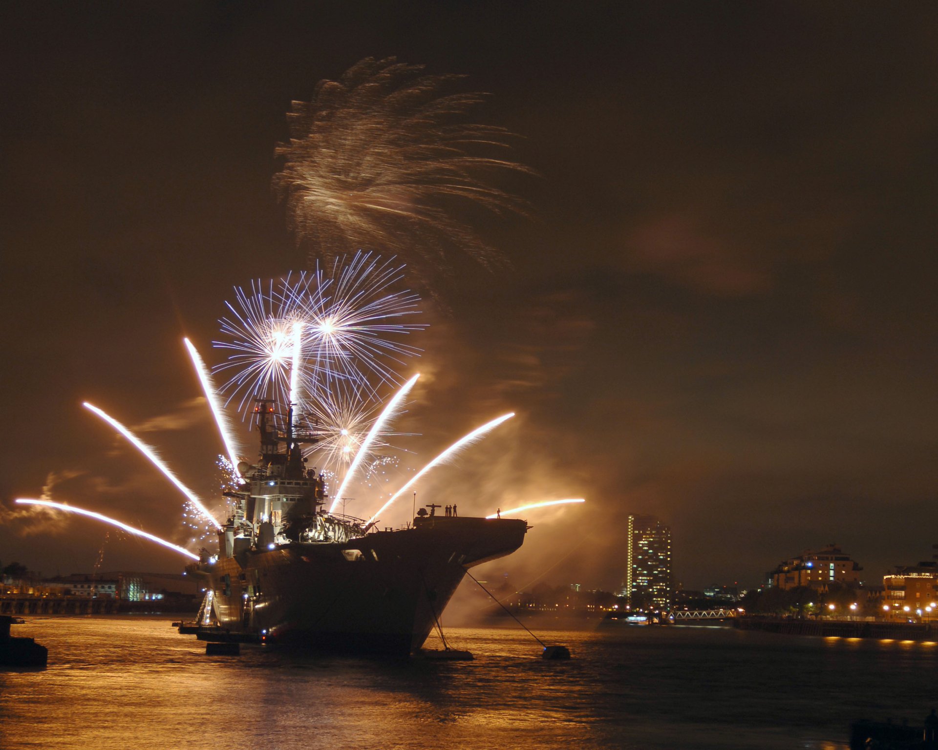Download Fireworks Warship Aircraft Carrier Military HMS Illustrious (R06) HD Wallpaper