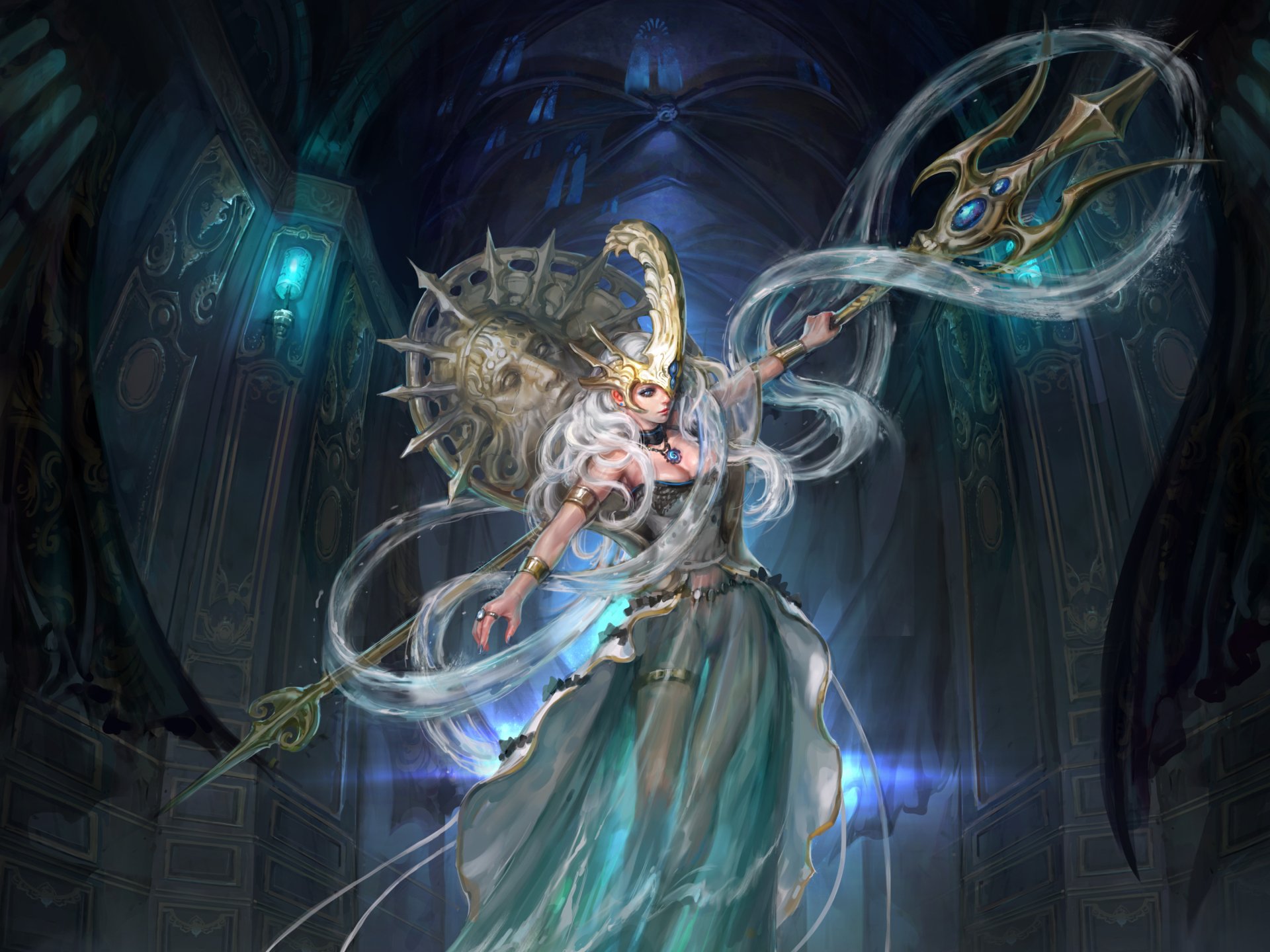 A fantasy goddess with white hair and blue eyes wields a trident, embodying the essence of Poseidon in a stunning HD artwork set against a mystical backdrop.
