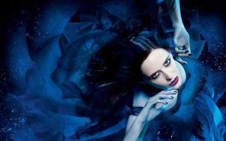 A captivating HD desktop wallpaper featuring Eva Green, submerged in deep blue hues, with flowing hair and an enchanting expression amidst swirling textures.