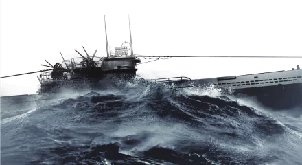 HD desktop wallpaper featuring a detailed submarine cutting through rough ocean waves, inspired by the movie Das Boot.