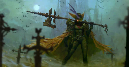 HD fantasy PC desktop wallpaper featuring a fierce woman warrior in dark armor wielding a large axe, set against a misty, eerie battlefield with towering ruins.