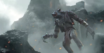 A dark, atmospheric HD wallpaper featuring a menacing werewolf emerging from rocky terrain, shrouded in mist and surrounded by an ominous landscape.