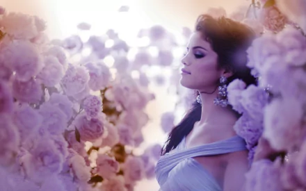HD desktop wallpaper featuring Selena Gomez amidst a dreamy, purple-hued flower background.