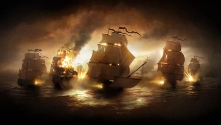 HD desktop wallpaper featuring a dramatic naval battle with military ships engulfed in smoke and flames on a dimly lit ocean.
