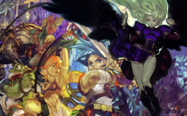 HD PC desktop wallpaper and background showing Breath of Fire II video game characters in a vibrant, painterly fantasy battle scene.