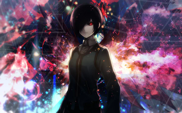A striking HD wallpaper featuring Touka Kirishima from *Tokyo Ghoul*, surrounded by vibrant colors and dynamic effects that enhance her mysterious presence.