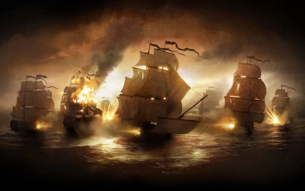 HD desktop wallpaper featuring a dramatic naval battle with military ships engulfed in smoke and flames on a dimly lit ocean.