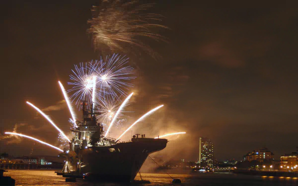 fireworks warship aircraft carrier military HMS Illustrious (R06) HD Desktop Wallpaper | Background Image