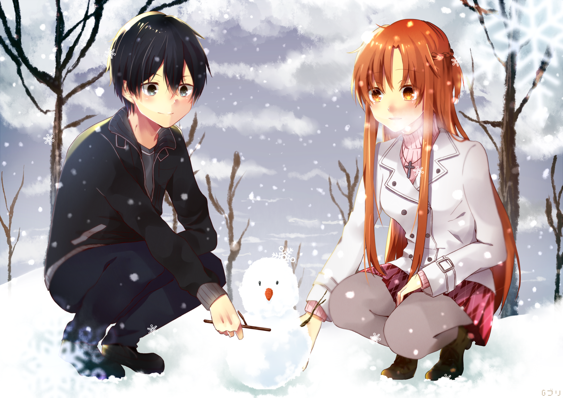 Kazuto Kirigaya and Asuna Yuuki from Sword Art Online create a heartwarming scene in a snowy landscape, building a snowman in this vibrant HD anime wallpaper.
