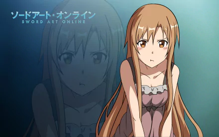 Asuna Yuuki from Sword Art Online features prominently in this HD desktop wallpaper, showcasing her signature long hair and contemplative expression against a soft background.