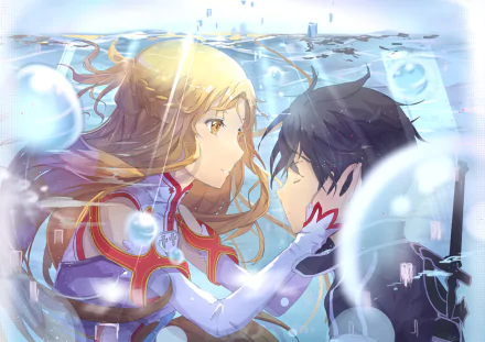 Asuna Yuuki and Kirito from Sword Art Online share an intimate moment underwater, surrounded by bubbles, creating a captivating HD desktop wallpaper.