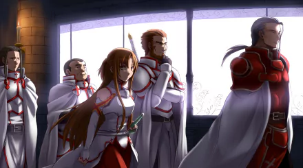A dramatic scene from Sword Art Online featuring characters Godfree, Kuradeel, Daizen, Heathcliff, and Asuna Yuuki, dressed in armor, set against a window backdrop.