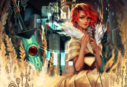 A vibrant HD wallpaper from the video game Transistor features a red-haired character holding a microphone, set against a backdrop of an abstract, futuristic cityscape.