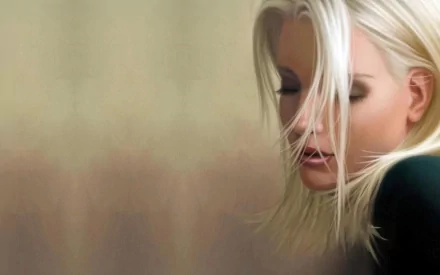 An HD artistic desktop wallpaper featuring a serene woman with blonde hair, eyes closed, set against a soft and blurred background.