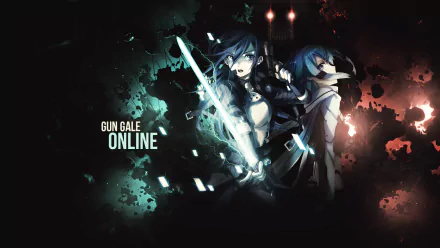 A high-definition wallpaper featuring Sinon and Kirito from Sword Art Online II, showcasing their dynamic presence alongside Death Gun against a vibrant, dark backdrop.