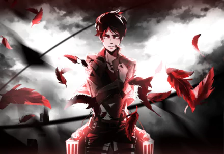 HD desktop wallpaper featuring Eren Yeager from the anime Attack on Titan. The image showcases Eren standing amidst red feathers against a dramatic, cloudy backdrop.