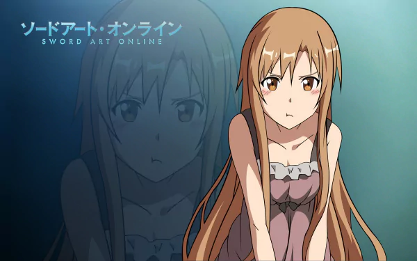 Asuna Yuuki from Sword Art Online features prominently in this HD desktop wallpaper, showcasing her signature long hair and contemplative expression against a soft background.