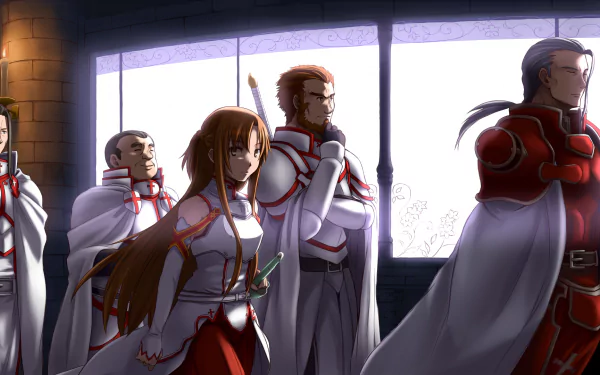 A dramatic scene from Sword Art Online featuring characters Godfree, Kuradeel, Daizen, Heathcliff, and Asuna Yuuki, dressed in armor, set against a window backdrop.