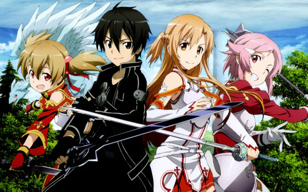 HD desktop wallpaper featuring Lisbeth, Asuna Yuuki, Kirito, and Silica from the anime Sword Art Online, set against a scenic outdoor background.