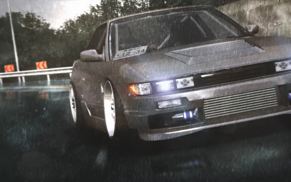 HD PC desktop wallpaper featuring a drift race car skidding on a wet track, inspired by the rFactor video game.