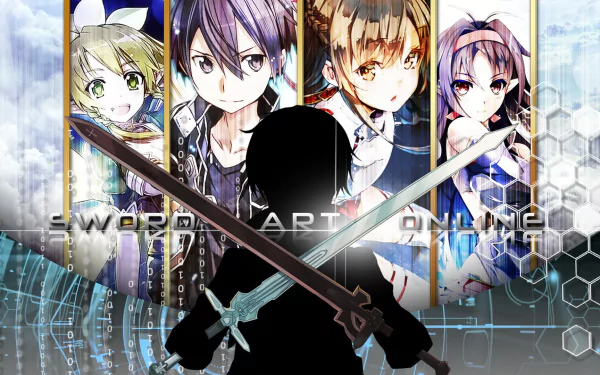 A dynamic HD wallpaper featuring characters Yuuki Konno, Asuna Yuuki, Suguha Kirigaya, and Kirito from Sword Art Online II, showcasing an anime-inspired design with swords and a digital backdrop.