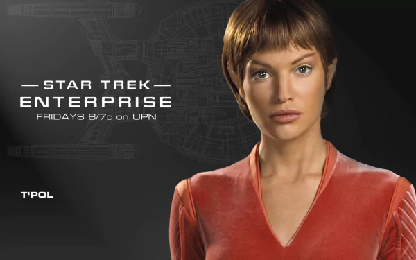 HD PC desktop wallpaper: portrait of a Vulcan officer from the TV show Star Trek: Enterprise against a dark schematic background with the series logo.