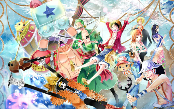 HD wallpaper featuring characters from One Piece: Tony Tony Chopper, Nico Robin, Usopp, Sanji, Nami, Monkey D. Luffy, Roronoa Zoro, Franky, and Brook, with the Sunny in the background.