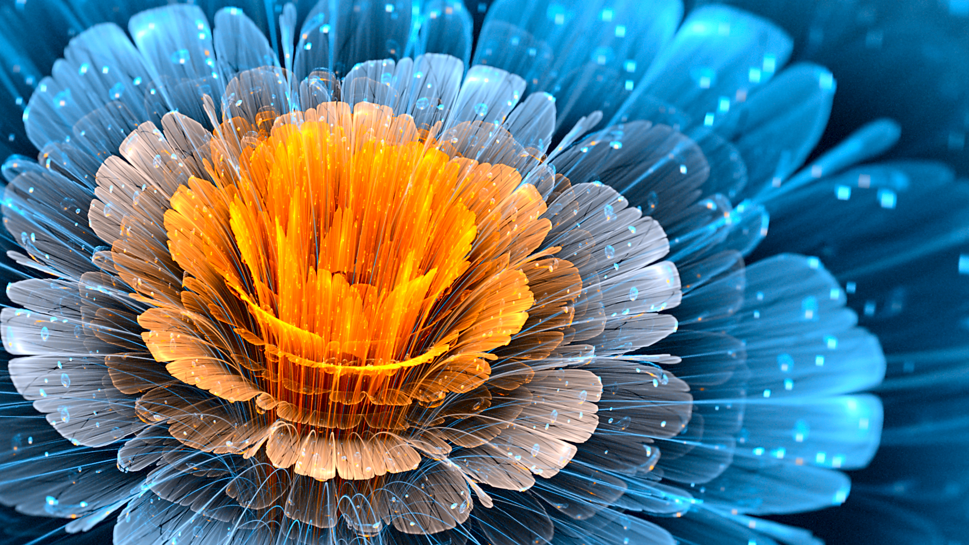 An abstract fractal flower with vibrant orange and blue hues, creating a striking visual effect. This HD image makes a bold and colorful desktop wallpaper.