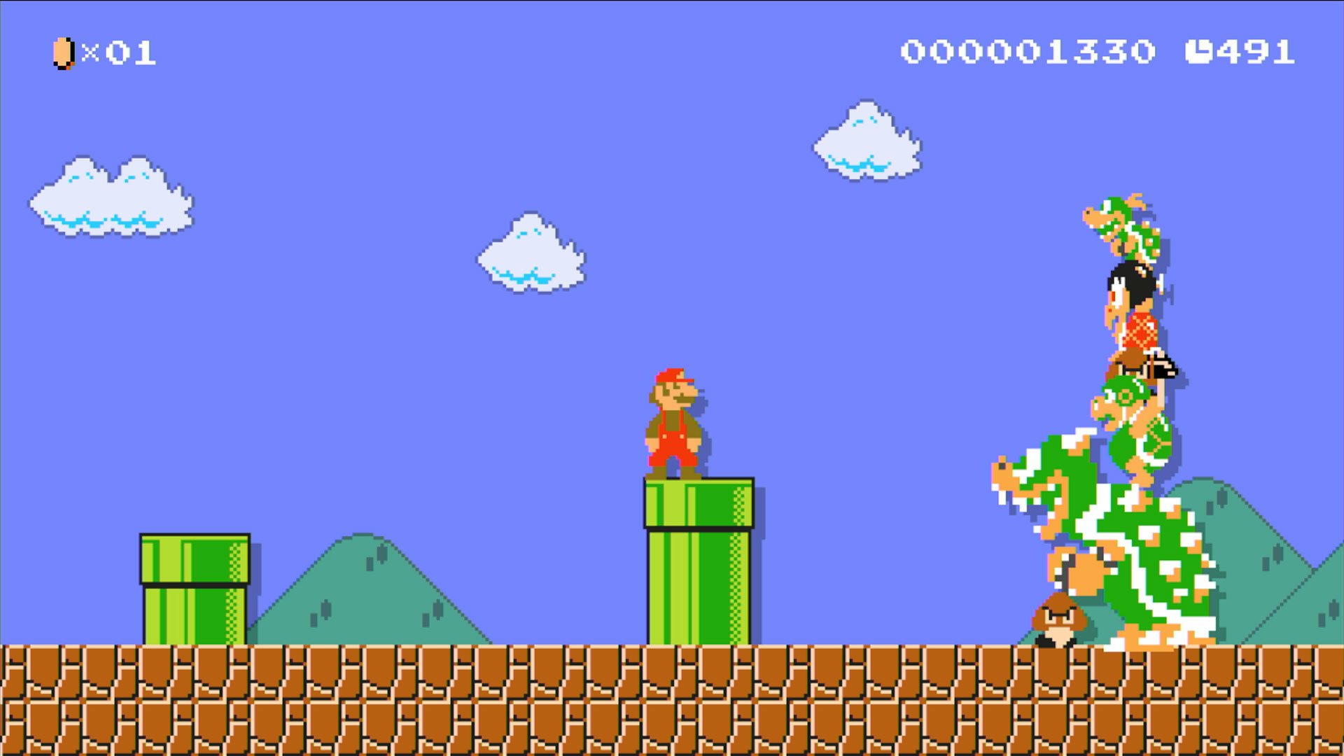 HD desktop wallpaper of Super Mario Maker showing Mario standing by a pipe with Bowser approaching, in a classic level setup.
