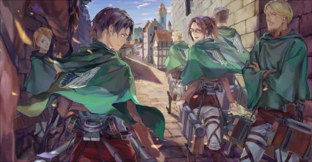 Anime HD desktop wallpaper featuring characters Hange Zoë, Oluo Bozado, Gunther Schultz, Eld Jinn, Petra Ral, and Levi Ackerman from Attack on Titan, showcasing the team in green capes in a picturesque village.