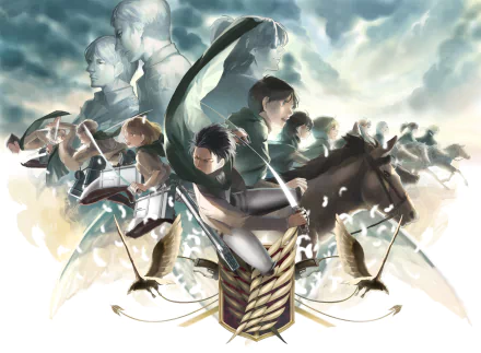 A dynamic HD wallpaper featuring characters from Attack on Titan, including Eren Yeager, Mikasa Ackerman, and Levi Ackerman, set against a dramatic backdrop of fierce battles and determination.