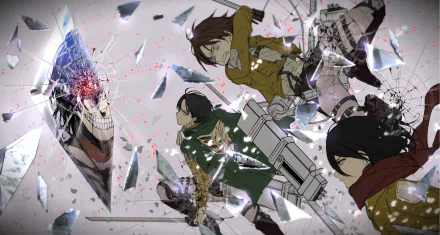 Dynamic HD wallpaper featuring Eren Yeager, Mikasa Ackerman, and Levi Ackerman from Attack on Titan, battling against a colossal titan amidst shattered glass effects.