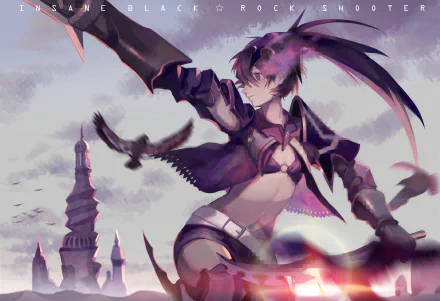 HD anime desktop wallpaper featuring Insane Black Rock Shooter in dynamic action pose with dark, dramatic background and flying crows.